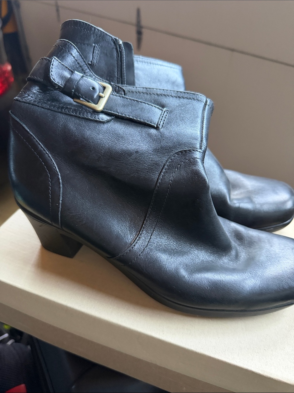 Clarks Black Leather Mid-Heel Ankle Boots with Buckle